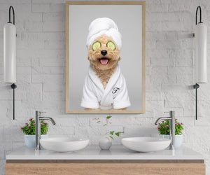 Custom Dog Bathroom Portraits Funny Pet Spa Art Prints, Personalized Dog in Bathrobe, Cucumber eyes