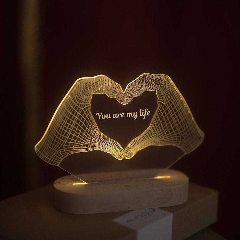 Personalized Heart Hands Night Light - Valentine's Day Gift for Couple - Custom Anniversary Gift for Him or Her - Heart Hands Lamp with Date