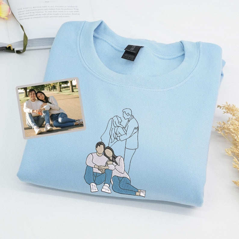Personalized Sweatshirt Embroidered Custom Couple Photos Color and Outline Design Perfect Gift for Lovers