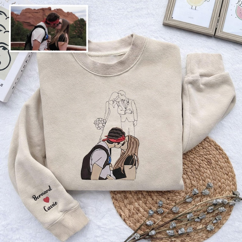 Personalized Sweatshirt Embroidered Custom Couple Photos Color and Outline Design Perfect Gift for Lovers