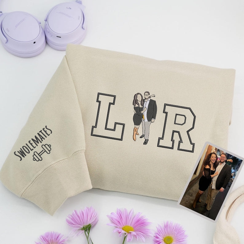 Personalized Sweatshirt Embroidered Custom Couple Photo with Initials Design Perfect Gift for Lovers