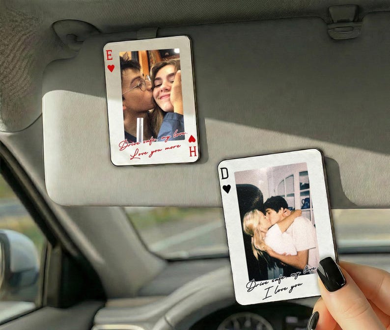 Personalized Valentine Photo Visor Clip Playing Card, Custom Couple Car Gift for Boyfriend Girlfriend, Romantic Love Keepsake