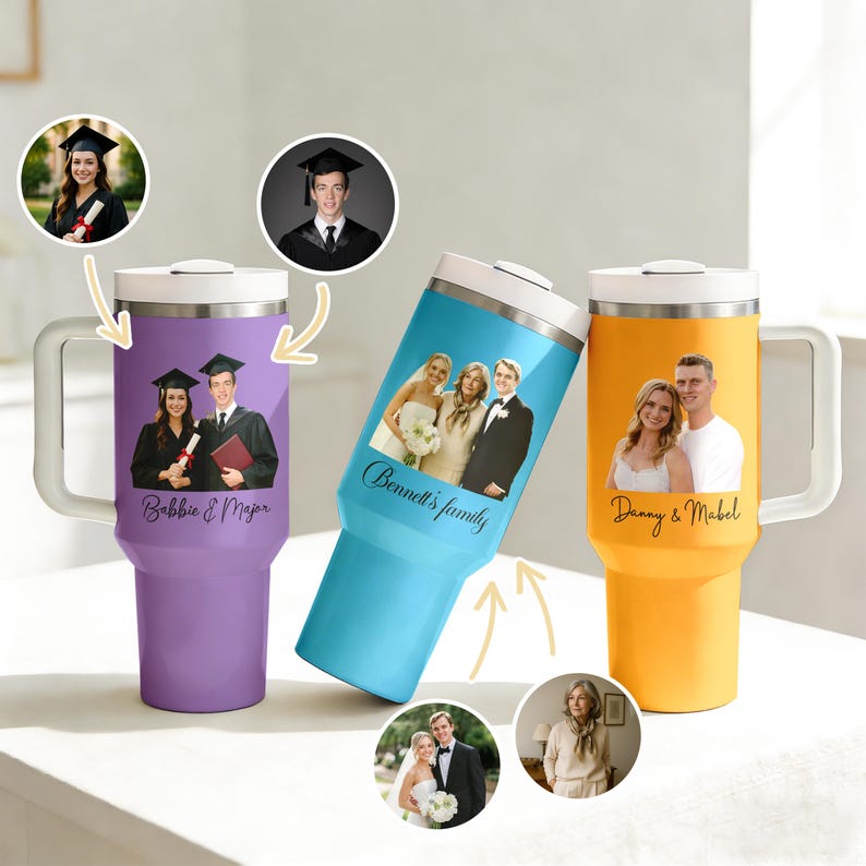 Custom Photo Travel Tumbler With Straw, Personalized Family Portrait Thermos Cup, Cup Keepsake Gifts for Mom/Dad/Friends