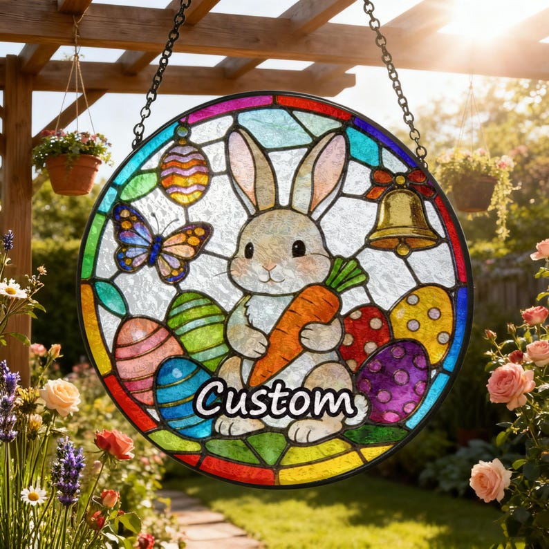 Easter Bunny Suncatcher Stained Glass Rabbit Garden Suncatcher Handmade Easter Window Haning Glass Suncatcher Gift