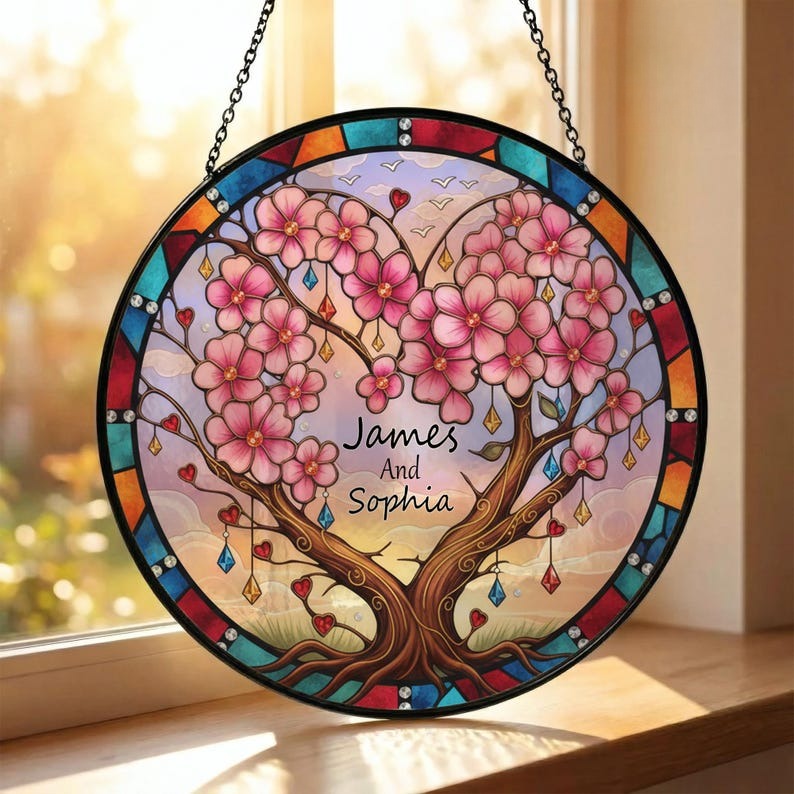 Personalized Couple Tree Heart Stained Glass Suncatcher, Custom Name Window Hanging Gift for Anniversary, Wedding or Valentine's Day