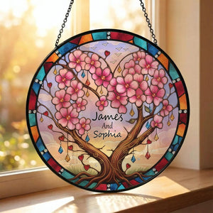Personalized Couple Tree Heart Stained Glass Suncatcher, Custom Name Window Hanging Gift for Anniversary, Wedding or Valentine's Day