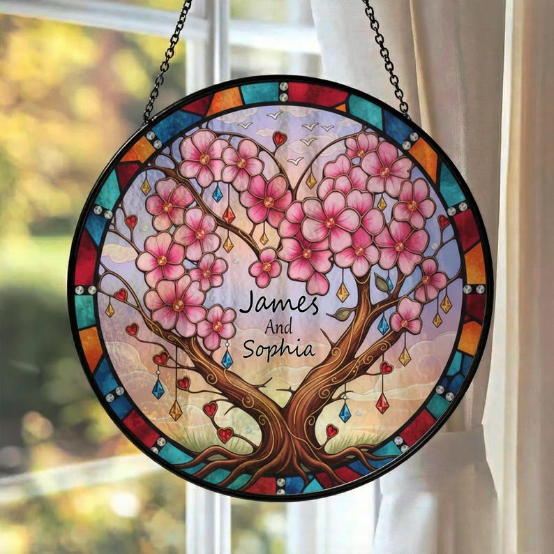 Personalized Couple Tree Heart Stained Glass Suncatcher, Custom Name Window Hanging Gift for Anniversary, Wedding or Valentine's Day
