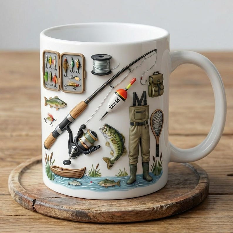 Custom Name Fishing Mug, Fishing Lures Coffee Accent Mug, Father's Day Gift for Grandpa Dad, Gift For Fisherman, Fishing Lover Cups