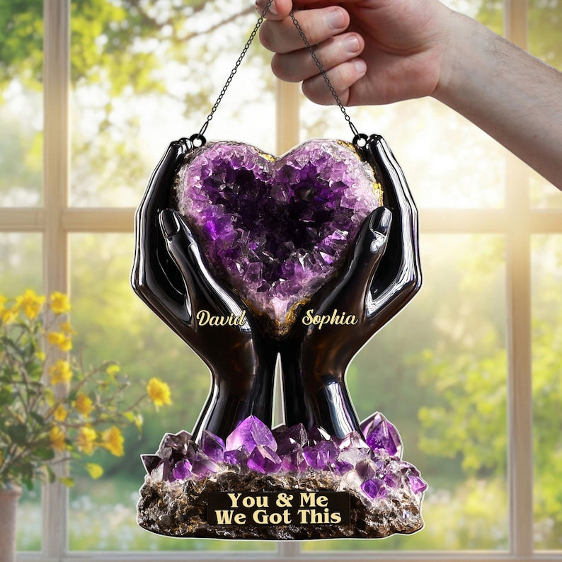 2D FLAT Personalized Amethyst Heart Acrylic Window Hanging, Wedding Anniversary Gift For Him or Her, You & Me We Got This Couple Ornament