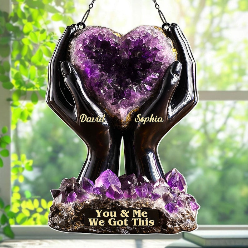 2D FLAT Personalized Amethyst Heart Acrylic Window Hanging, Wedding Anniversary Gift For Him or Her, You & Me We Got This Couple Ornament