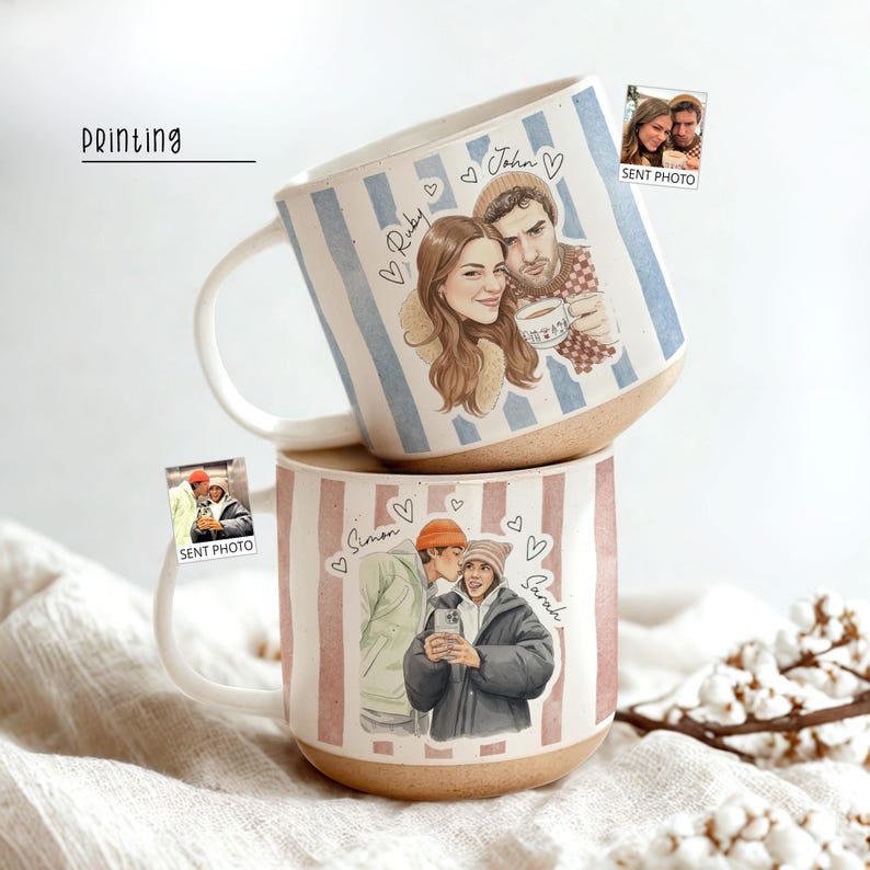 Personalized Watercolor Photo Couple Pottery Mug, Portrait Mug for Anniversary, Sentimental Gift For Couple Bestie Family, Valentine Gift