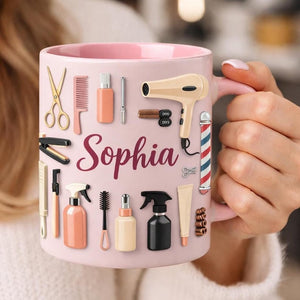 Hairdresser Gift Mug, Salon Tools Coffee Mug, Custom Name Accent Mug, Gift For Hair Stylists and Beauty Pros