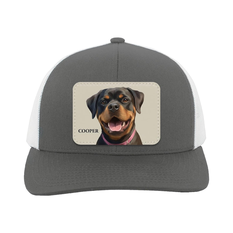 Custom Pet Portrait Trucker Hat: Personalized Leather Patch Cap, Gift for Dog Moms & Dads