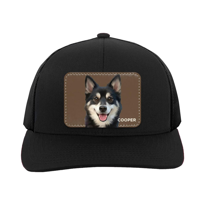 Custom Pet Portrait Trucker Hat: Personalized Leather Patch Cap, Gift for Dog Moms & Dads