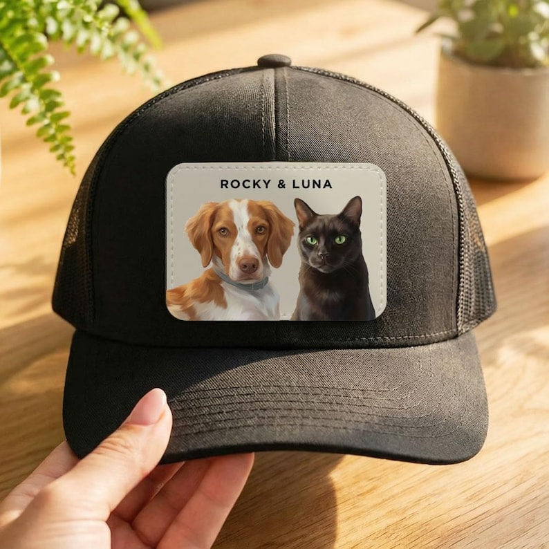 Custom Pet Portrait Trucker Hat: Personalized Leather Patch Cap, Gift for Dog Moms & Dads
