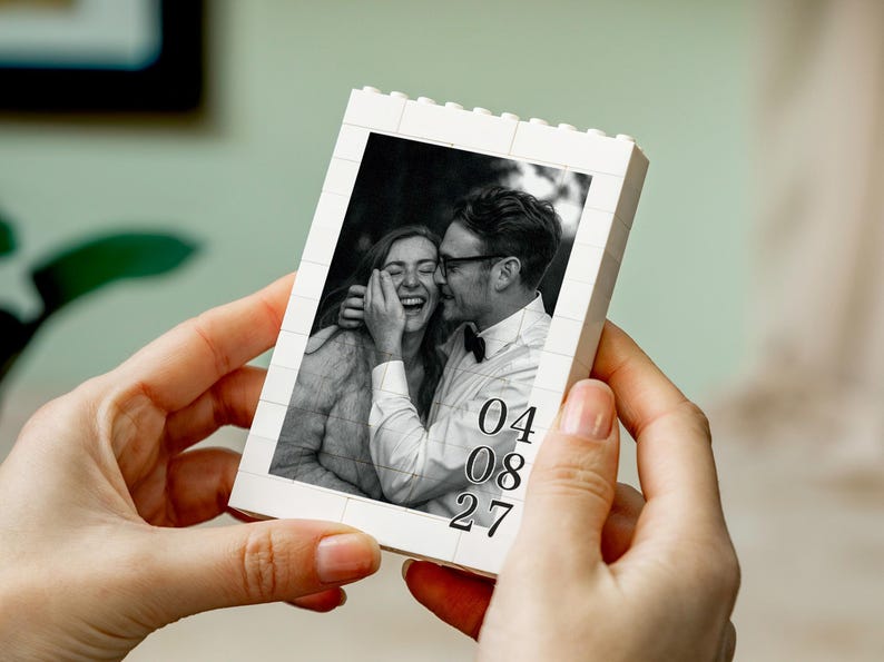 Personalised Anniversary Date Gift For Her, Custom Wedding Photo Building Block, Engagement Keepsake, Romantic Valentines Day Present