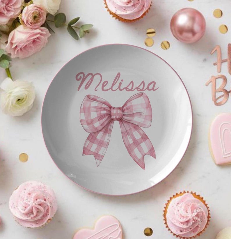 Personalized Coquette Bow Plate | Pink Christmas