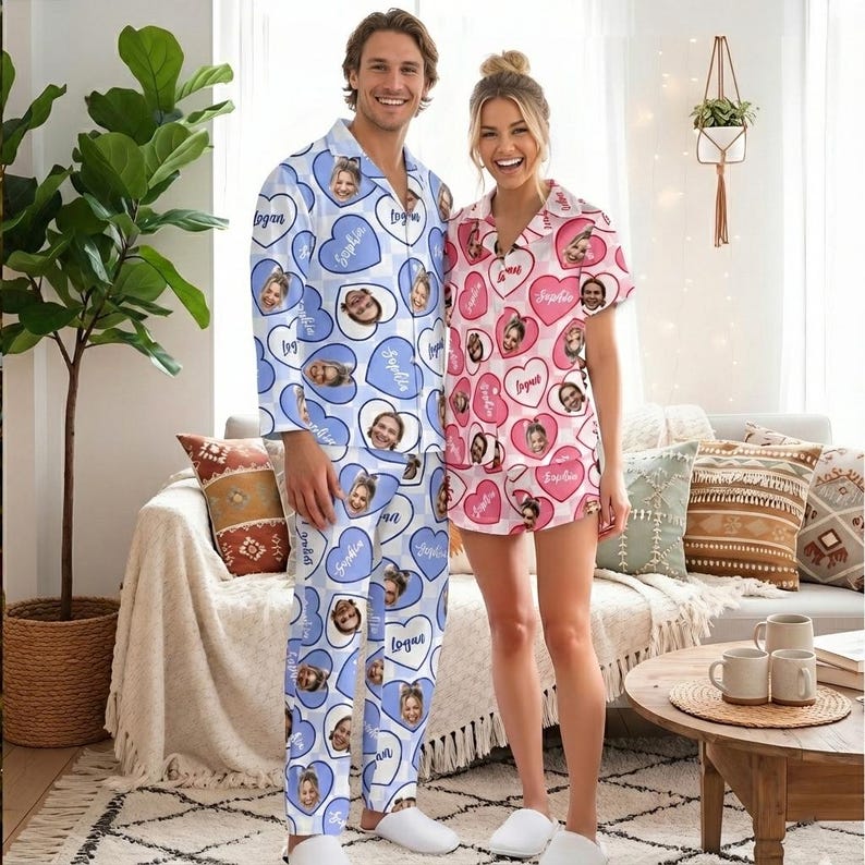 Custom Face Pajamas Long and Short Set, Funny Couple PJs with Photo, Personalized Pajamas Pants, Matching PJs Family & Couple Gift