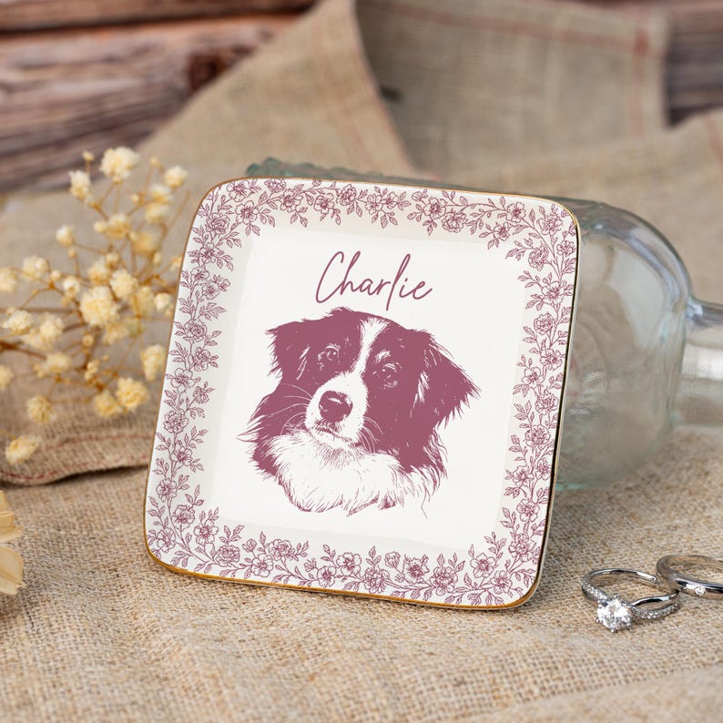 Personalized Pet Portrait Jewelry Dish, Toile De Jouy Ceramic Trinket Dish, Dog Cat Jewelry Dish, Personalized Pet Portrait Tray, Pet Lover