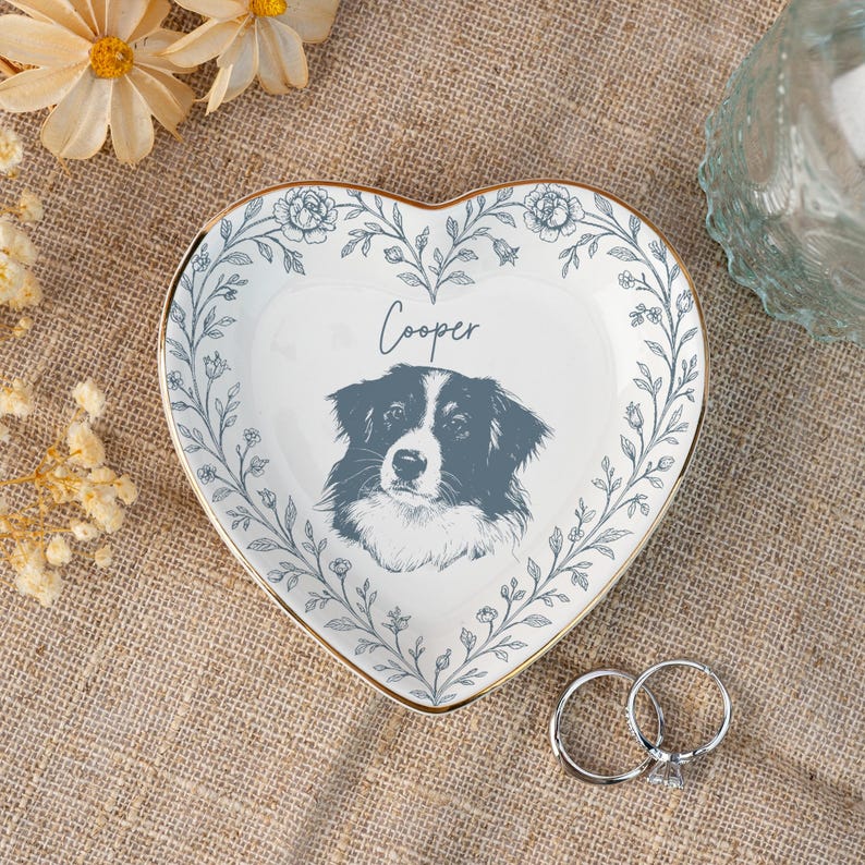 Personalized Pet Portrait Jewelry Dish, Toile De Jouy Ceramic Trinket Dish, Dog Cat Jewelry Dish, Personalized Pet Portrait Tray, Pet Lover