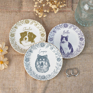 Personalized Pet Portrait Jewelry Dish, Toile De Jouy Ceramic Trinket Dish, Dog Cat Jewelry Dish, Personalized Pet Portrait Tray, Pet Lover