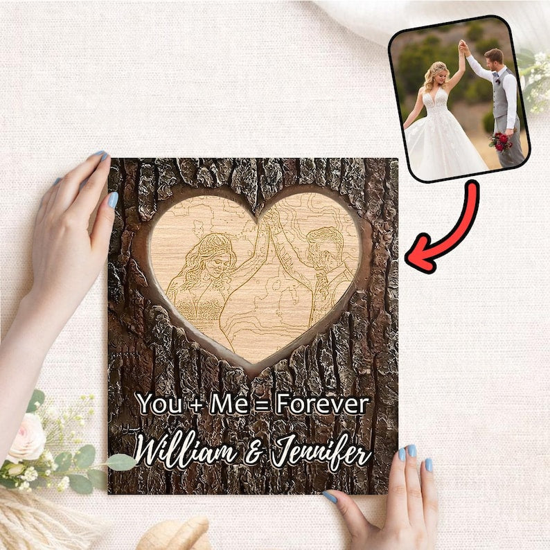 Personalized Heart Wood Plaque with Photo, Custom Couples Names Sign, Romantic Anniversary Wedding Gift, Rustic Love Wooden Decor Keepsake