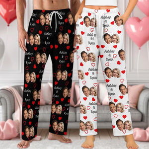 Custom Couple Pajama Pants, Personalized Face Pajama Pants for Couple, Custom Photo Pajama Bottoms w Names, Personalized Valentine Gifts