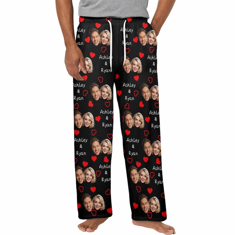 Custom Couple Pajama Pants, Personalized Face Pajama Pants for Couple, Custom Photo Pajama Bottoms w Names, Personalized Valentine Gifts