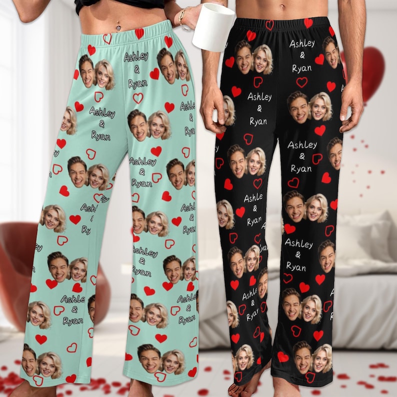 Custom Couple Pajama Pants, Personalized Face Pajama Pants for Couple, Custom Photo Pajama Bottoms w Names, Personalized Valentine Gifts