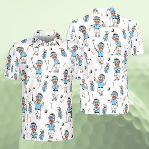 Personalized Golf Polo Shirt for Men, Custom Face Cartoon Golfer Polo, Funny Golf Lover Gift, Matching Golf Team Polo, Summer Golf Shirt
