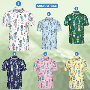 Personalized Golf Polo Shirt for Men, Custom Face Cartoon Golfer Polo, Funny Golf Lover Gift, Matching Golf Team Polo, Summer Golf Shirt