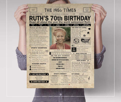 70th Birthday newspaper poster, Born in 1956  Custom Canvas Poster 70th birthday party decor, Birthday poster containing news & highlights from 1956