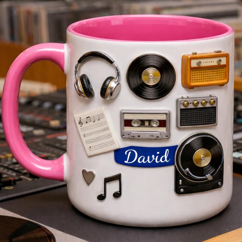 Love Vinyl Music Mug, Retro Record Player Design, Personalized Accent Coffee Mug For Music Lovers