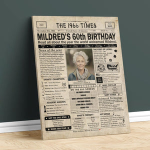 60th Birthday newspaper poster, Custom Poster Canvas 60th birthday party decor, Birthday poster containing news & highlights from 1965