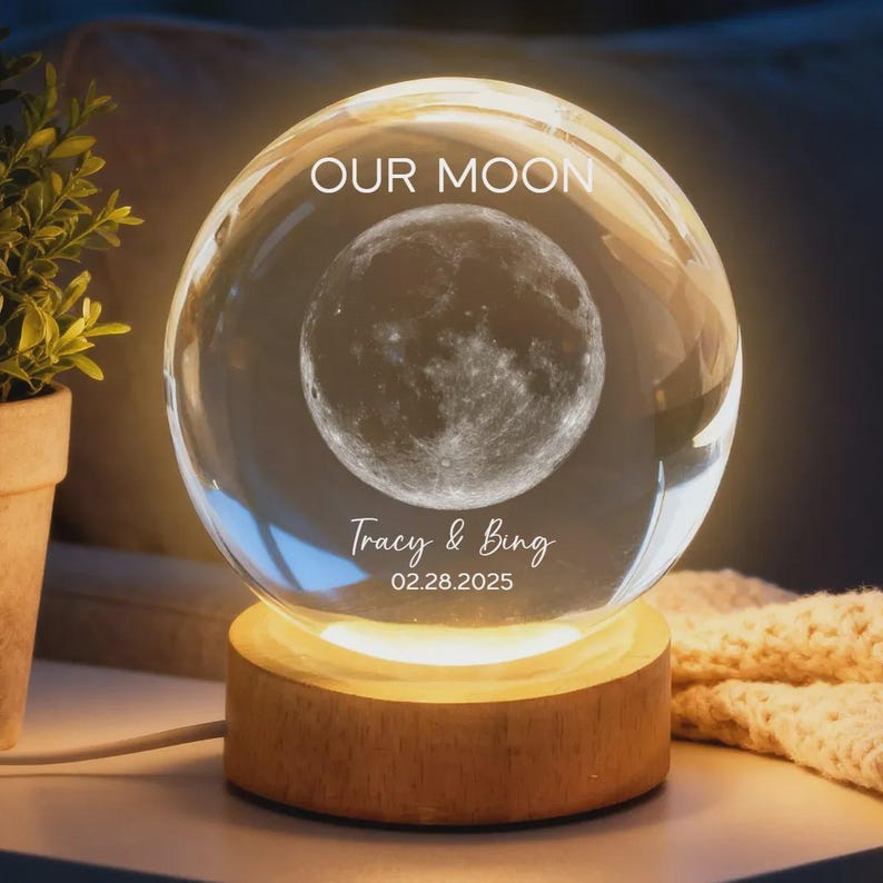 Our Moon Special Day Custom Moon Phase, Personalized Crystal Ball LED Night Light, Valentine's Day Gift For Couple, Husband, Boyfriend, Wife