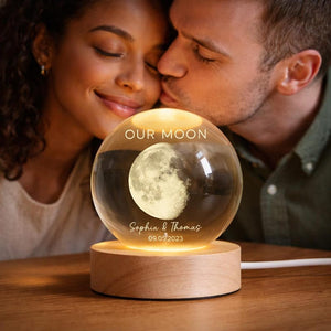 Our Moon Special Day Custom Moon Phase, Personalized Crystal Ball LED Night Light, Valentine's Day Gift For Couple, Husband, Boyfriend, Wife