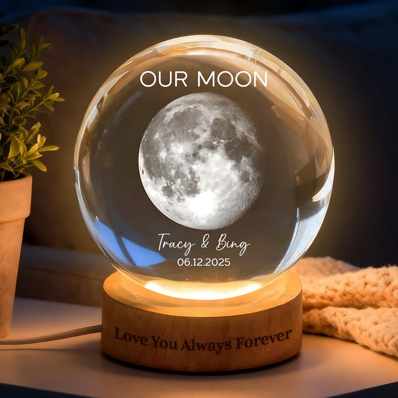 Our Moon Special Day Custom Moon Phase, Personalized Crystal Ball LED Night Light, Valentine's Day Gift For Couple, Husband, Boyfriend, Wife