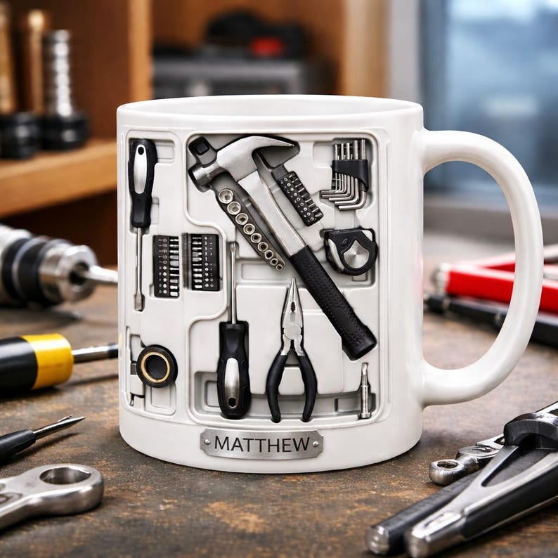 Personalized 2D Tool Mug, Mechanic Coffee Mug, Handyman Gift, Custom Name Workshop Mug, DIY Tools Illustration Cup