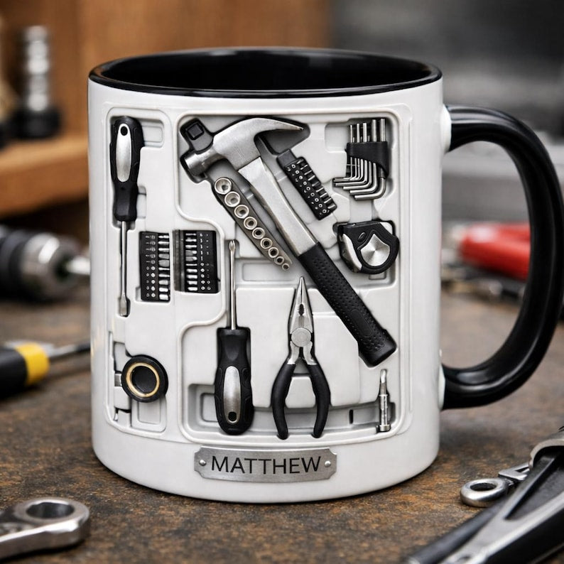 Personalized 2D Tool Mug, Mechanic Coffee Mug, Handyman Gift, Custom Name Workshop Mug, DIY Tools Illustration Cup