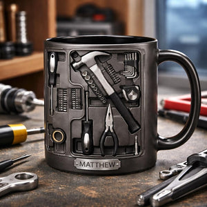 Personalized 2D Tool Mug, Mechanic Coffee Mug, Handyman Gift, Custom Name Workshop Mug, DIY Tools Illustration Cup