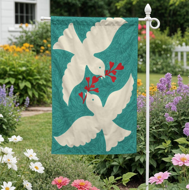 Peace Love Doves Floral Garden Flag Joyful Spring Porch Decor With Modern Folk Art