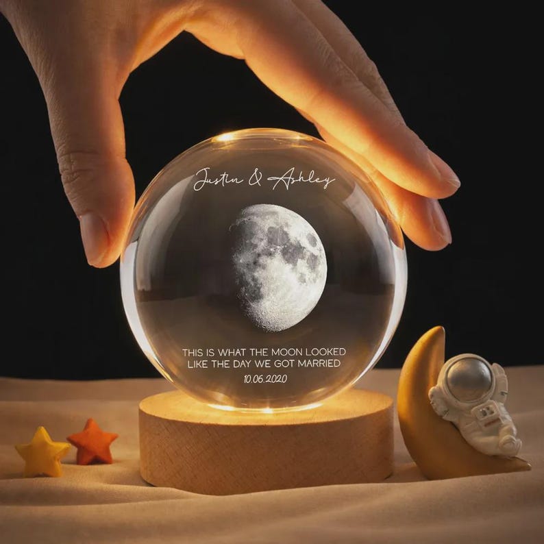 Personalized Moon Phase Crystal Ball Night Light, Engraved Couple, Anniversary Gift