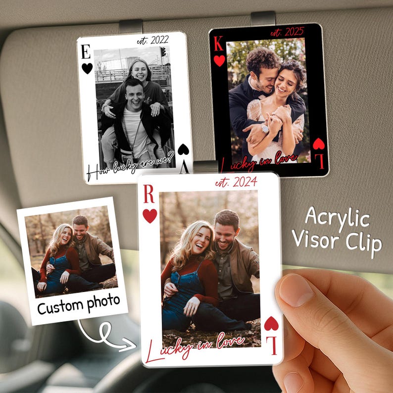 Personalized Couple Photo Visor Clip, Drive Safe Gift for Him, Valentines Day Gift for Boyfriend, Couple Playing Card Car Visor Clip