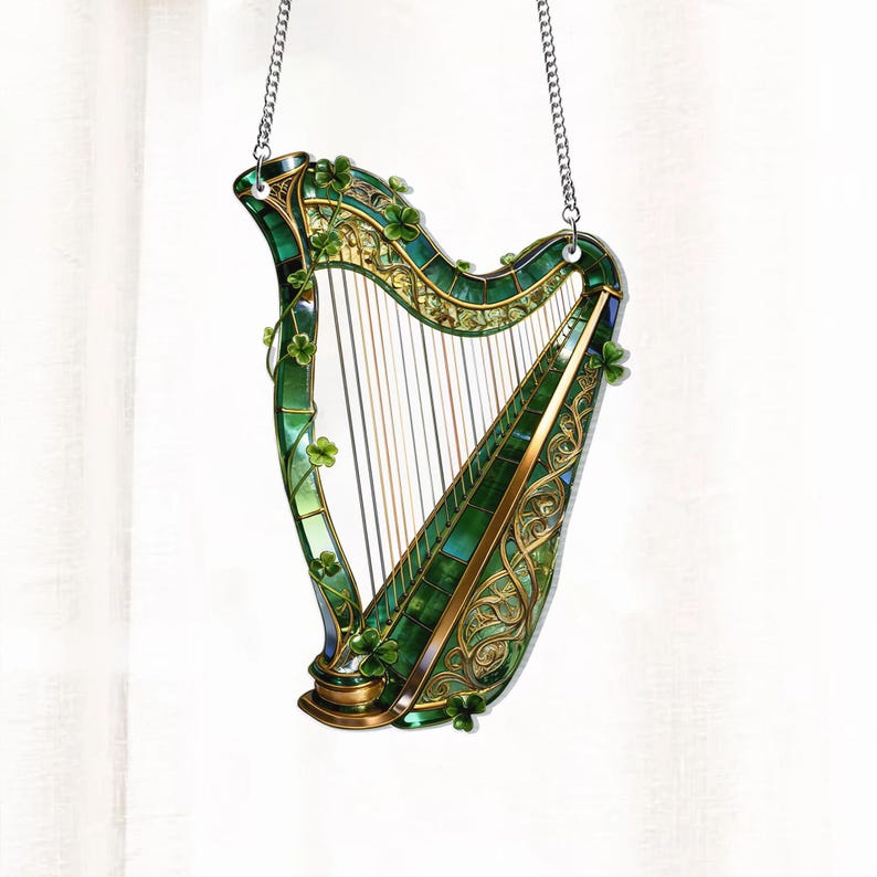 Shamrock Window Hanging, Irish Harp Window Decor, St. Patrick's Day Decoration, Shamrock Suncatcher, Celtic Harp, Celtic Gifts, Irish Decor