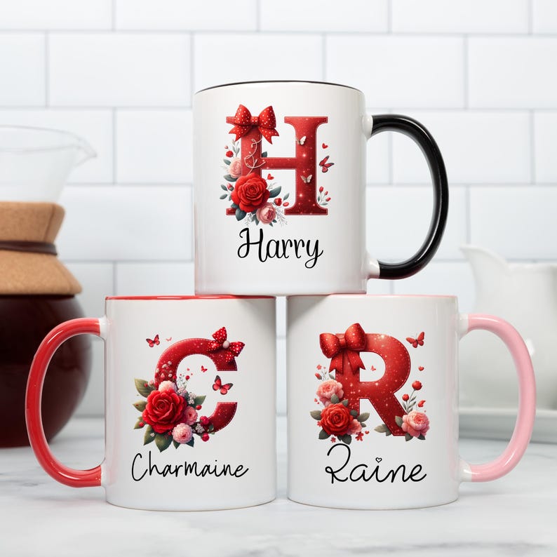 Personalized Valentine Mug Gift - Floral Initial Monogram | Custom Name Coffee Cup