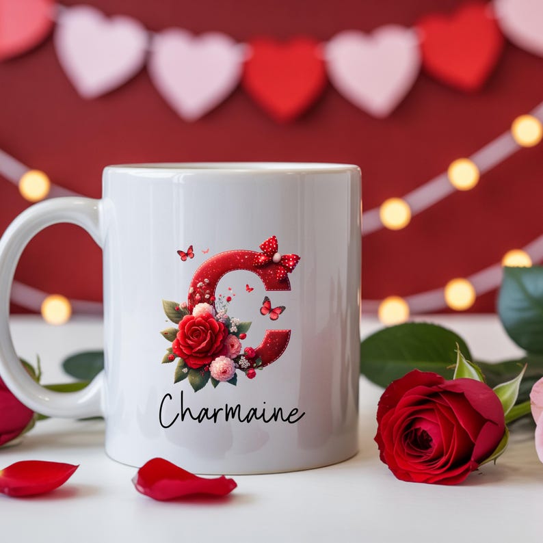 Personalized Valentine Mug Gift - Floral Initial Monogram | Custom Name Coffee Cup
