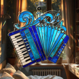 Customed Blue Accordion Acrylic Suncatcher, Musical Instrument Window Art Decor, Folk Music Lover Gift, Aesthetic Musician Wall Ornament