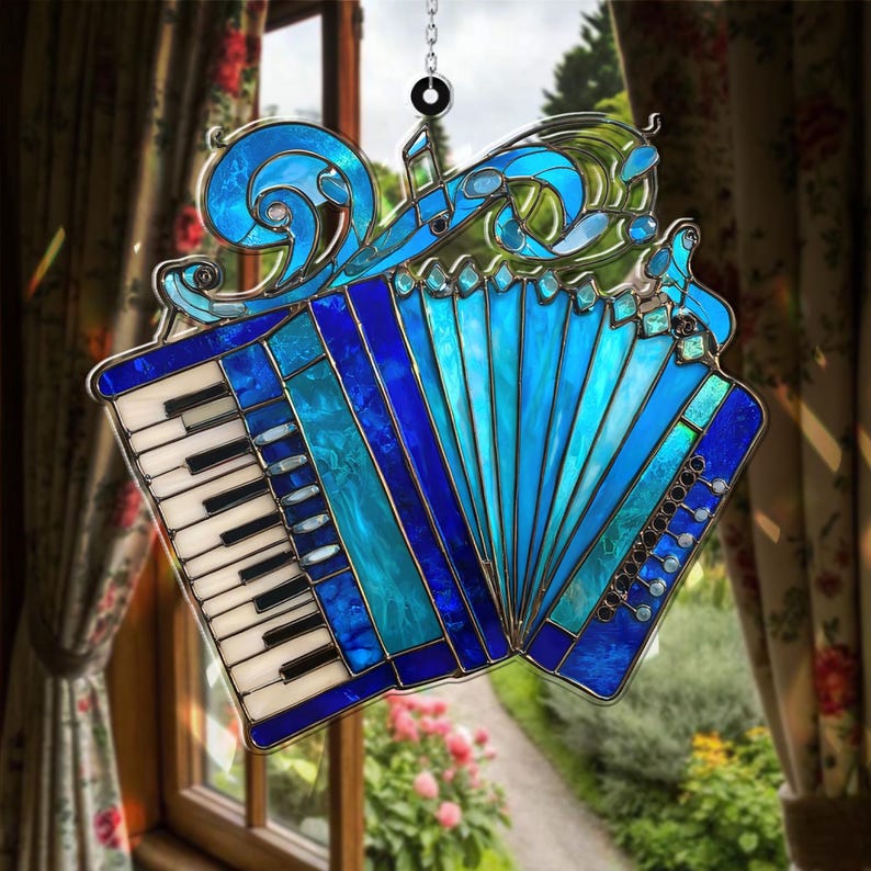 Customed Blue Accordion Acrylic Suncatcher, Musical Instrument Window Art Decor, Folk Music Lover Gift, Aesthetic Musician Wall Ornament