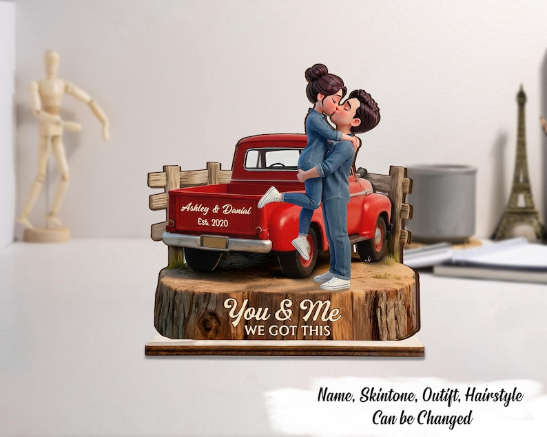 Romantic Couple Pickup Truck You & Me We Got This - Personalized 2-Layered Wooden Plaque, Valentine Couple Figurine Gift, Wedding Decor