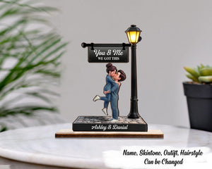 Romantic Couple Hugging Kissing Under Lamp Post Personalized 2-Layered Wooden Plaque Valentine's Day Gift, Couple Status Figurine Gift